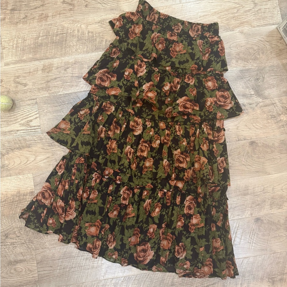 Free People Floral Tiered Skirt - Black and Brown